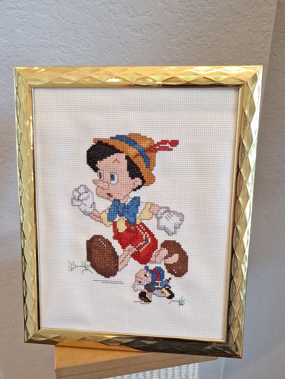 Vintage Disney Pinocchio & Jimminy Cricket Cross Stitch Wall Decor Baby Room